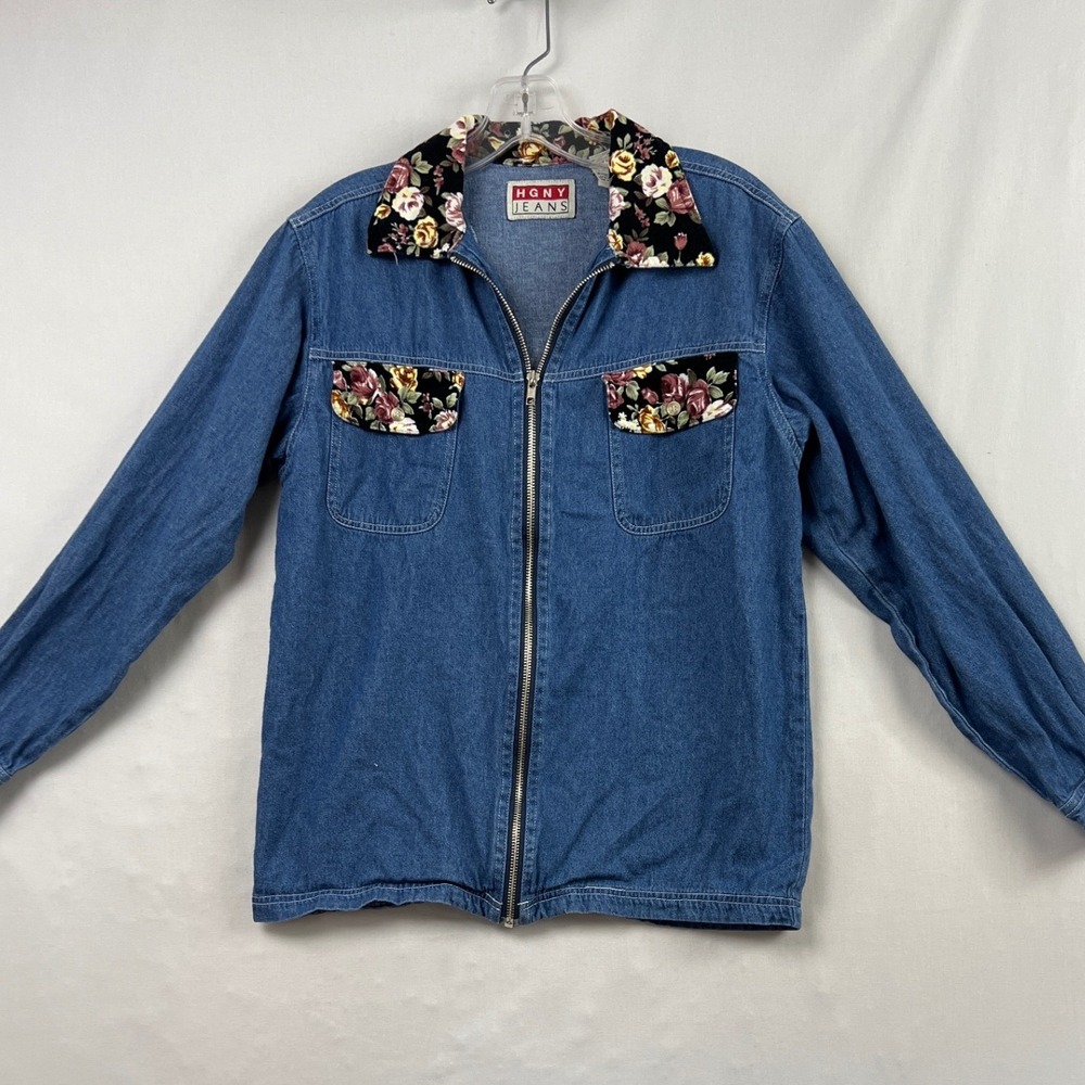 Vintage 90s HGNY Jeans Denim Jacket Womens Small Blue Floral Velvet Trim Zip Up